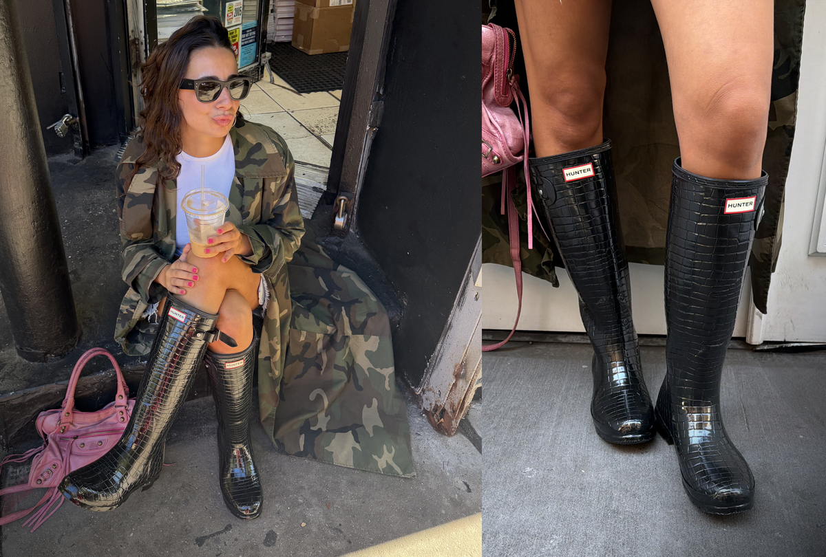 Influencer photo wearing Hunter Original Croco boots