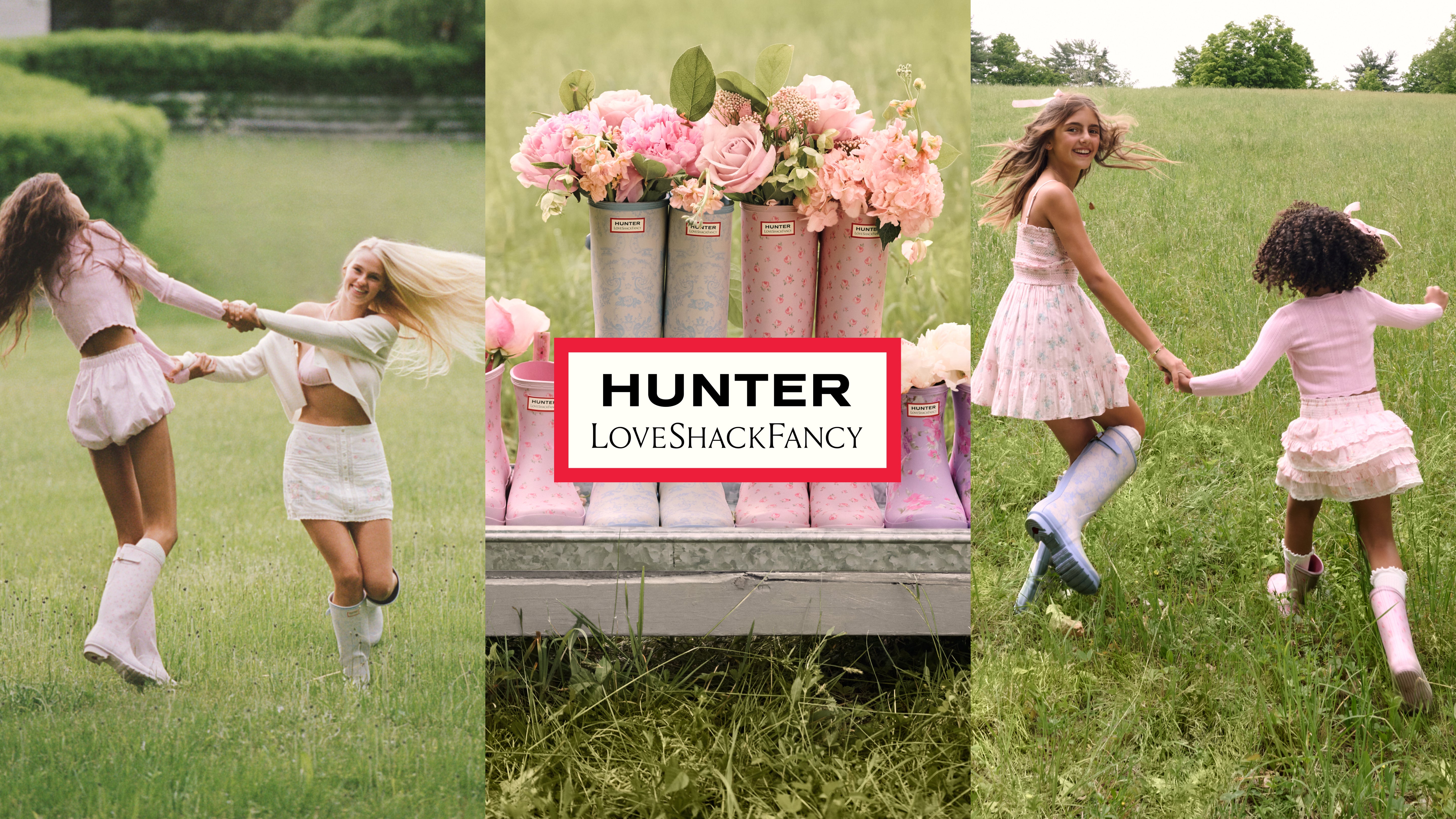 Hunter x LoveShackFancy floral rain boots collection for women and kids