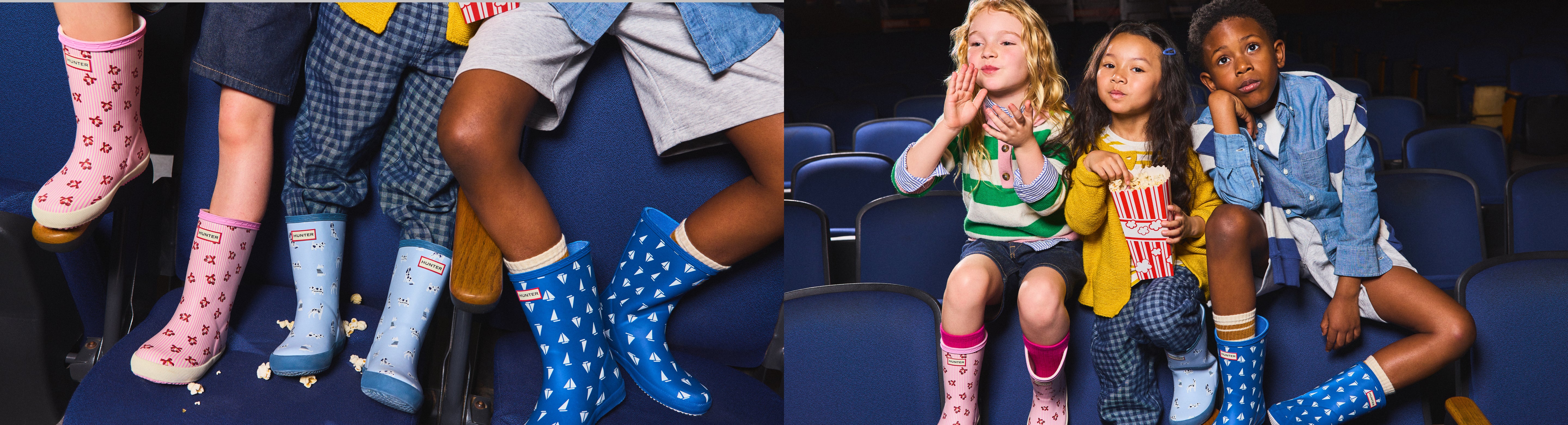 Promotional banner featuring kids' printed rain boots