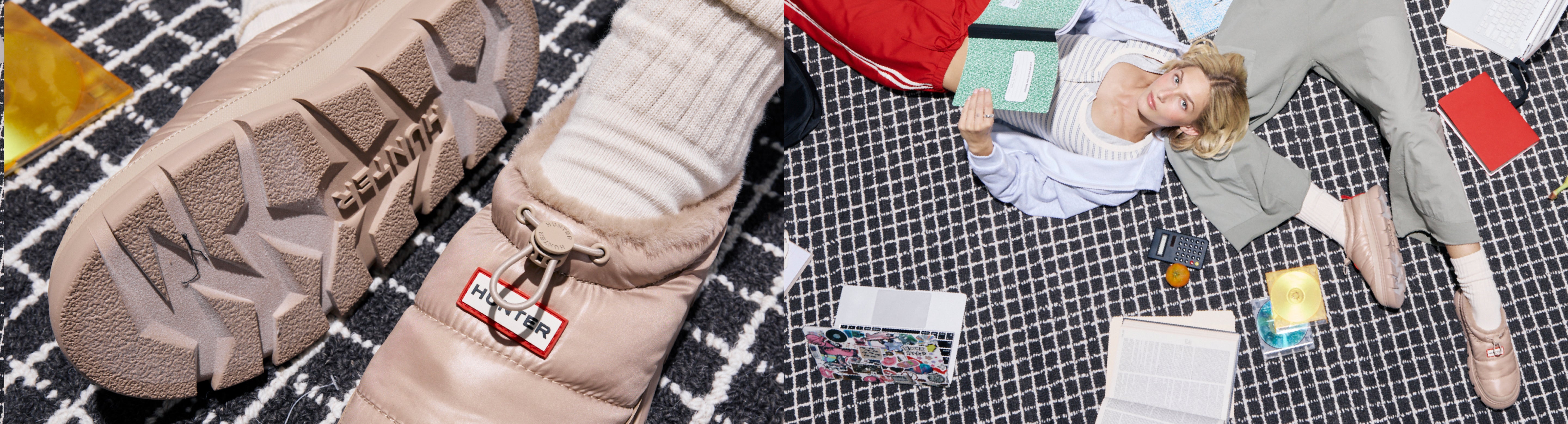 Promotional banner featuring sneakers and mules