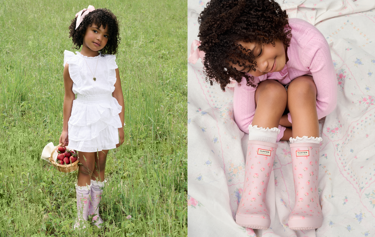 Hunter x LoveShackFancy floral rain boots collection for women and kids