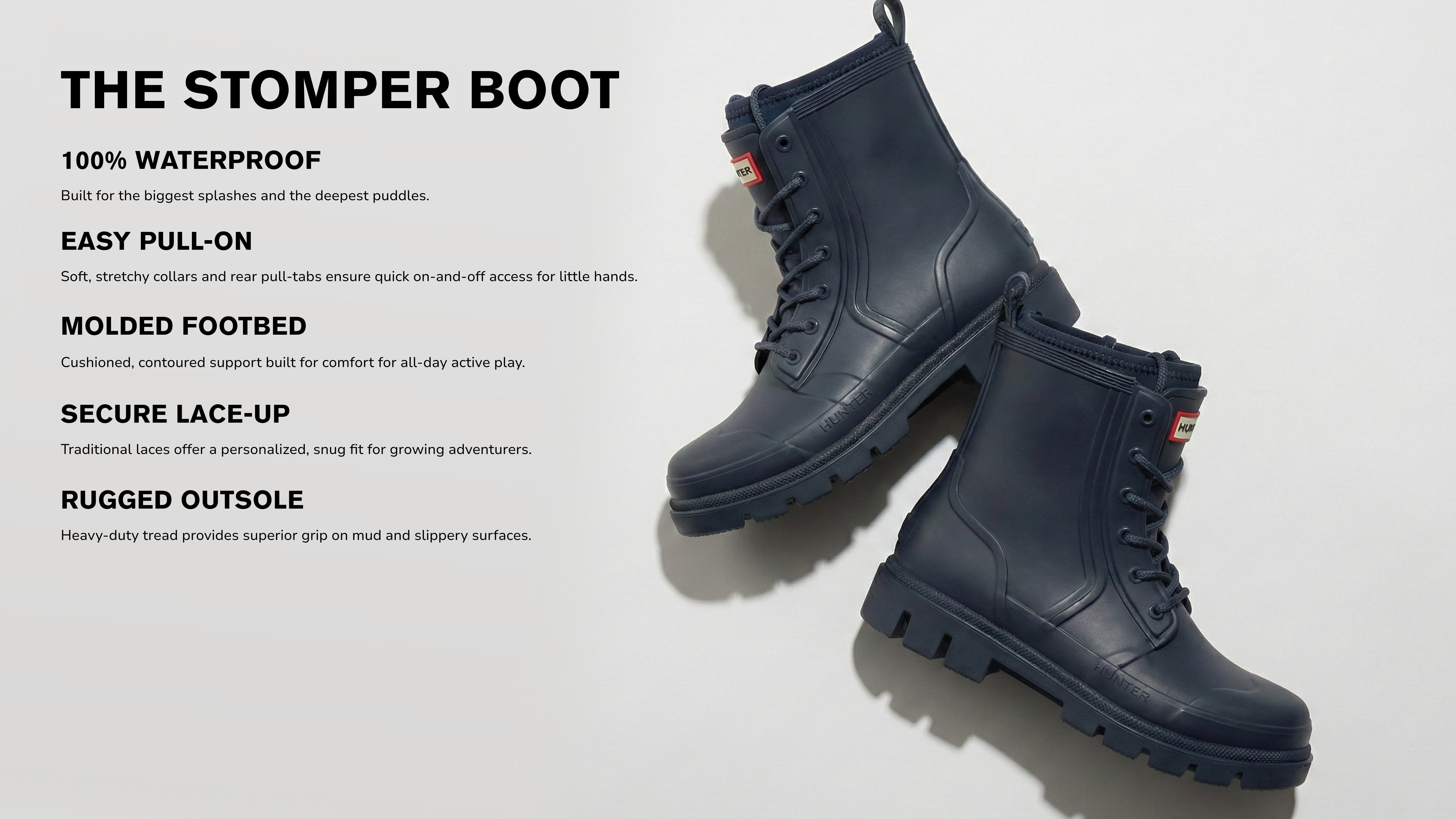 Big Kids Stomper Lace-up Waterproof Ankle Boots - Black | Hunter Boots