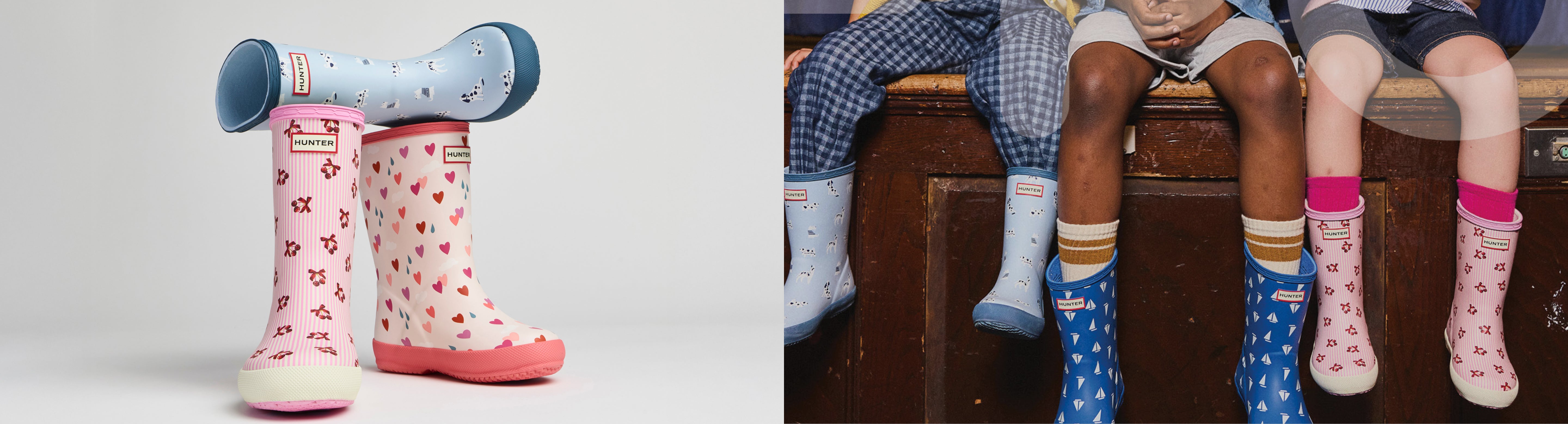 Children wearing Hunter kids rain boots in colorful prints