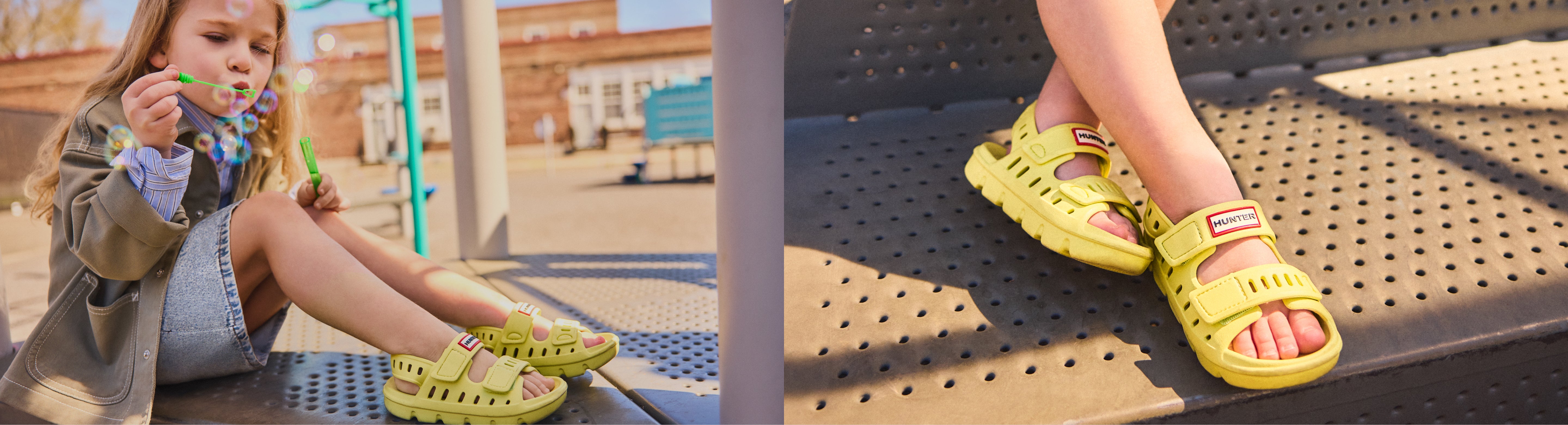 Child wearing Hunter kids sandals in yellow 