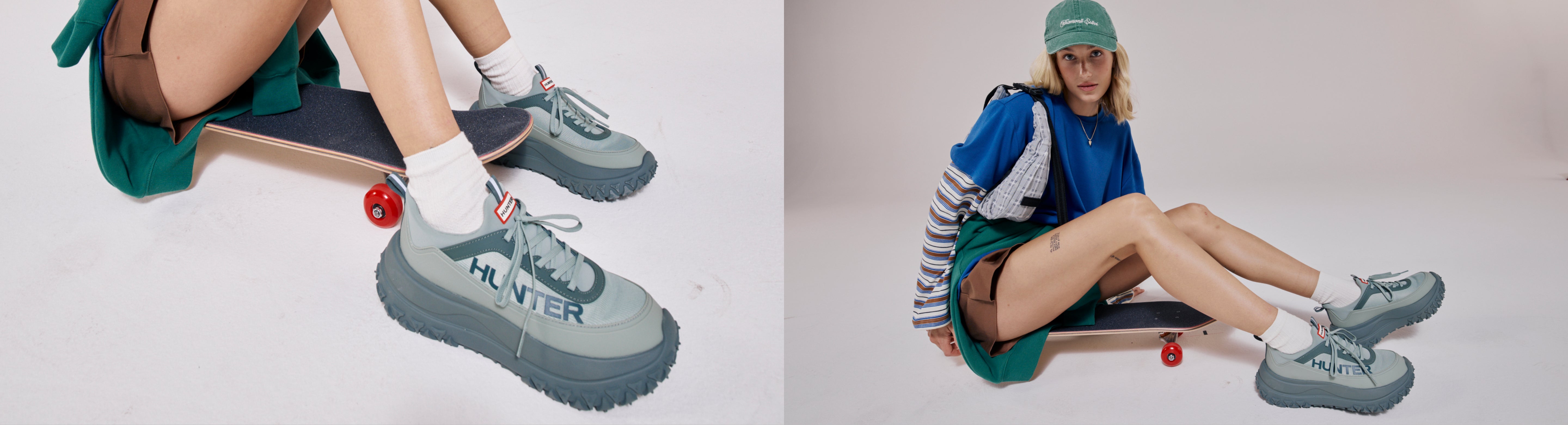 Model wearing Hunter sneakers in grey 
